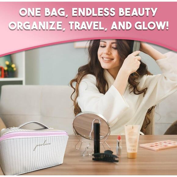 Women Travel Makeup Bag Pink Large Cosmetic Organizer With Compartments Bag NEW - Picture 4 of 5